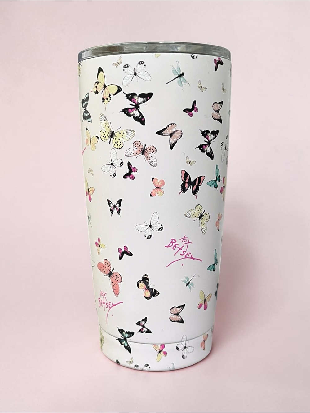 Betsey Johnson Insulated Stainless Steel Hot/Cold Tumbler - White w/Butterflies
